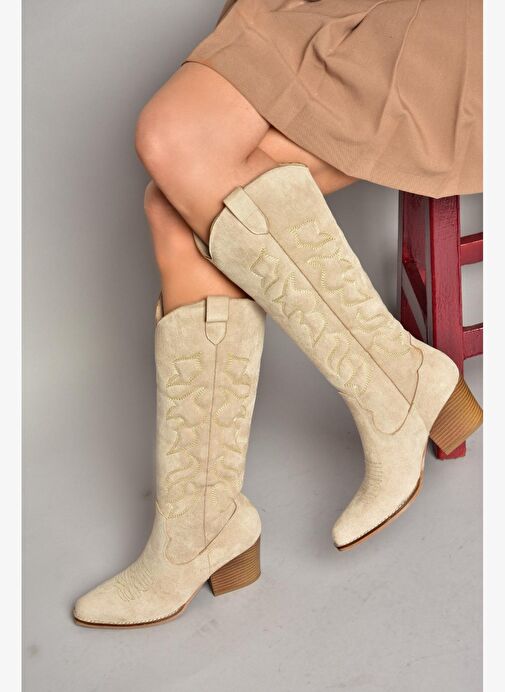 T296815002 Bej Süet Kovboy Model Kadın Çizme - Görsel 6