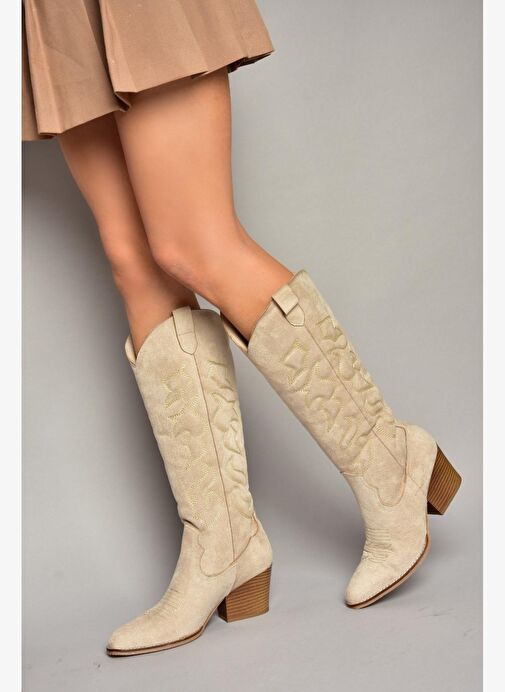T296815002 Bej Süet Kovboy Model Kadın Çizme - Görsel 3