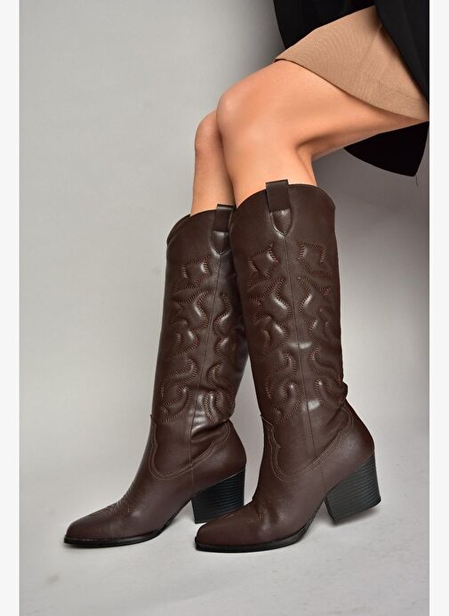 T296815009 Kahverengi Kovboy Model Kadın Çizme - Görsel 4