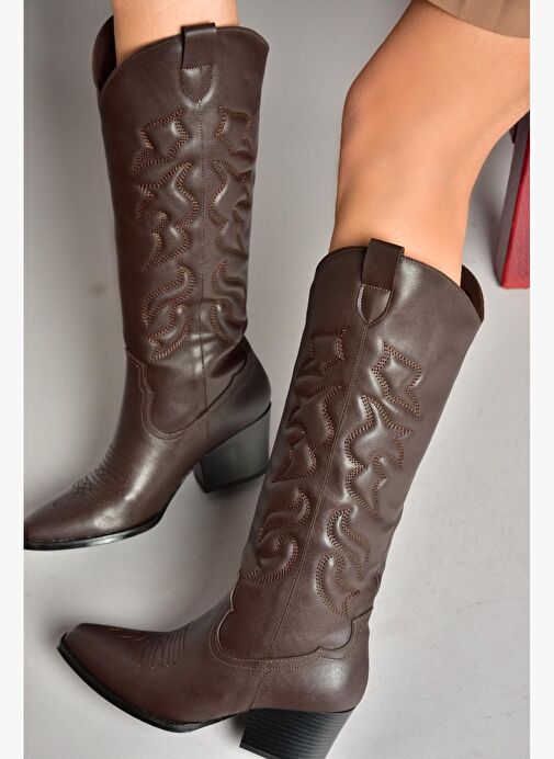 T296815009 Kahverengi Kovboy Model Kadın Çizme - Görsel 5