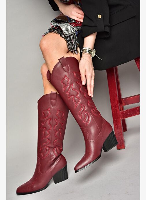 T296815009 Bordo Kovboy Model Kadın Çizme - Görsel 4