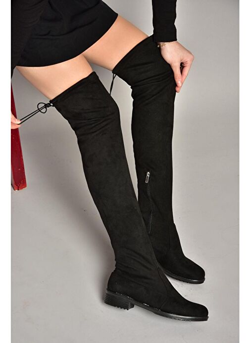 T726888802 Siyah Süet Streç Kadın Çizme - Görsel 4
