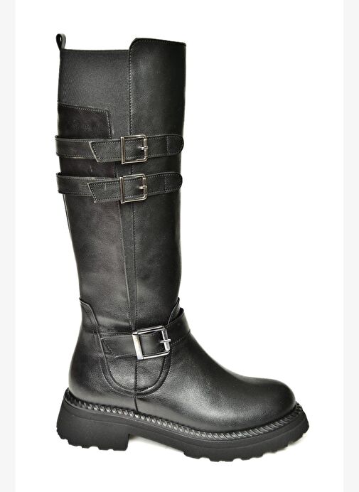 T820857509 Siyah Düz Tabanlı Kadın Çizme - Görsel 6