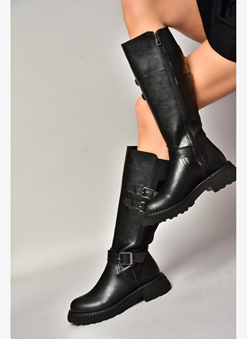 T820857509 Siyah Düz Tabanlı Kadın Çizme - Görsel 5