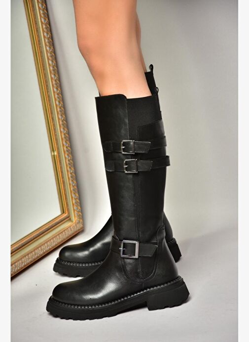 T820857509 Siyah Düz Tabanlı Kadın Çizme - Görsel 2