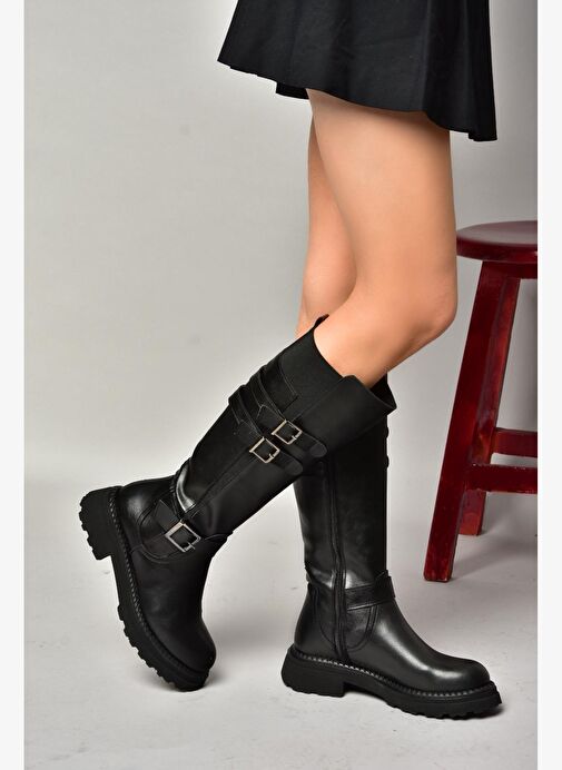 T820857509 Siyah Düz Tabanlı Kadın Çizme - Görsel 3