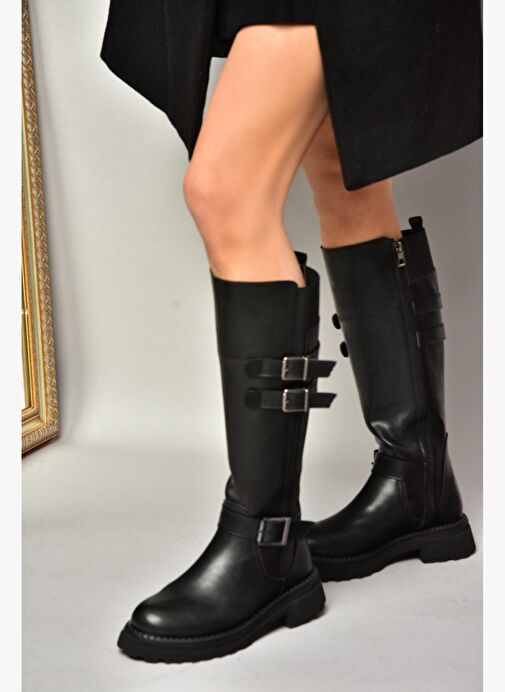 T820857509 Siyah Düz Tabanlı Kadın Çizme - Görsel 4