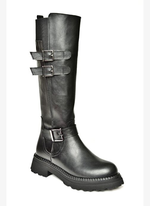 T820857509 Siyah Düz Tabanlı Kadın Çizme - Görsel 7