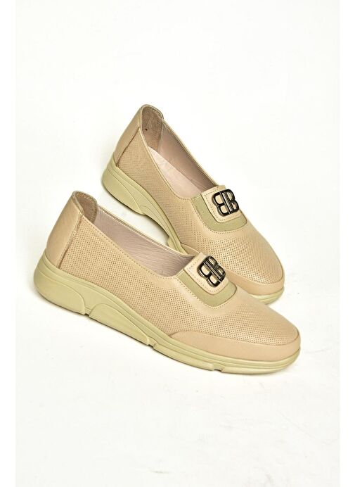 T555081303 Bej Hakiki Deri Comfort Ortopedik Taban Kadın Ayakkabı - Görsel 2
