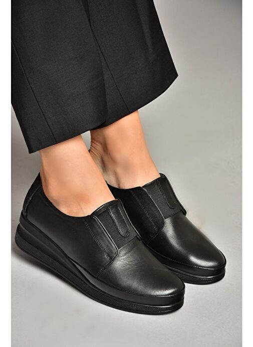 U555301103 Siyah Hakiki Deri Comfort Ortopedik Taban Kadın Ayakkabı - Görsel 4