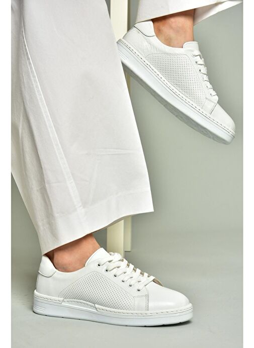 U555025203 Beyaz Hakiki Deri Kadın Spor Ayakkabı Sneakers - Görsel 2