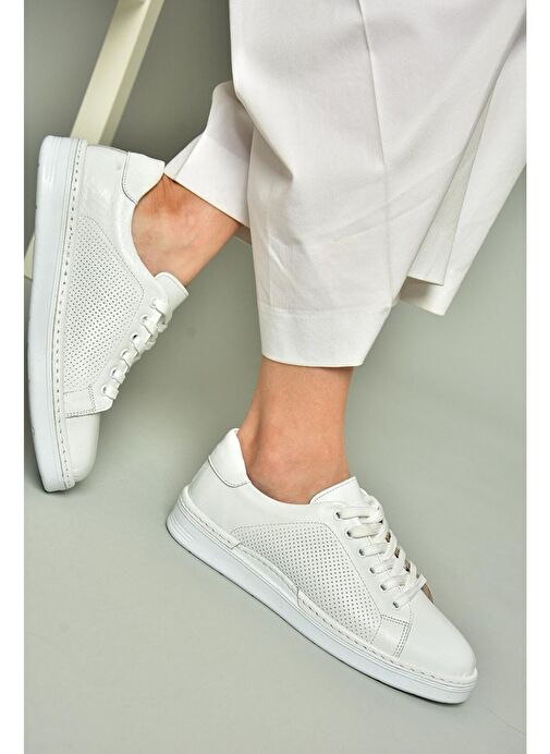 U555025203 Beyaz Hakiki Deri Kadın Spor Ayakkabı Sneakers - Görsel 3