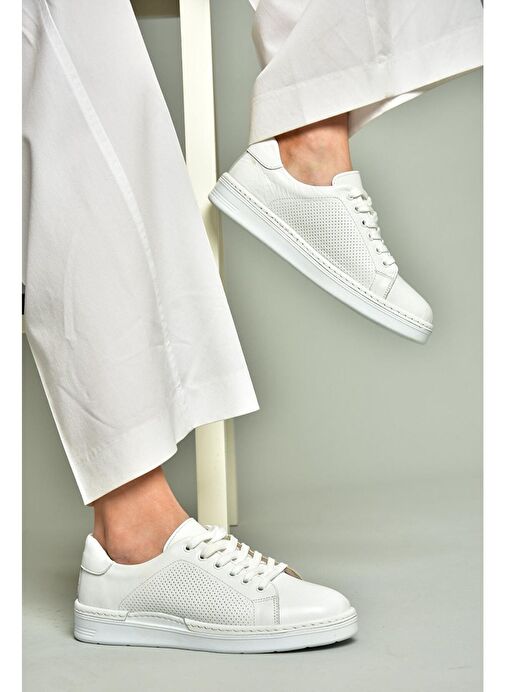 U555025203 Beyaz Hakiki Deri Kadın Spor Ayakkabı Sneakers - Görsel 4