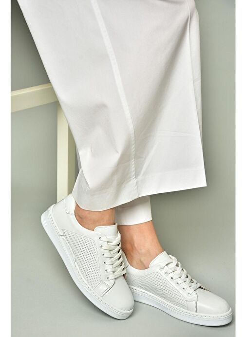 U555025203 Beyaz Hakiki Deri Kadın Spor Ayakkabı Sneakers - Görsel 5