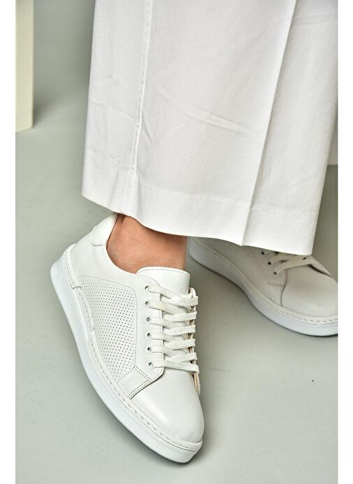 U555025203 Beyaz Hakiki Deri Kadın Spor Ayakkabı Sneakers - Görsel 6
