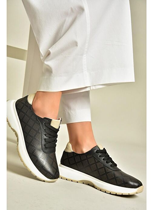 U555025603 Siyah Hakiki Deri Kadın Spor Ayakkabı Sneakers - Görsel 2