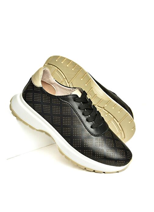 U555025603 Siyah Hakiki Deri Kadın Spor Ayakkabı Sneakers - Görsel 4