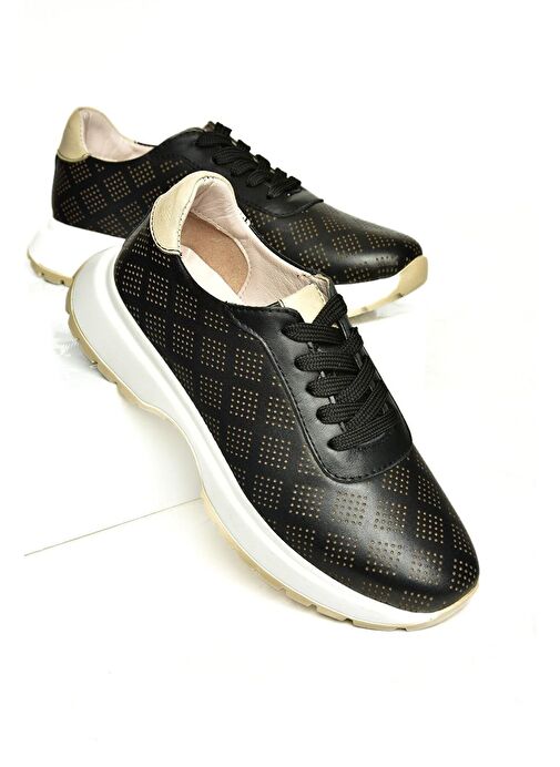 U555025603 Siyah Hakiki Deri Kadın Spor Ayakkabı Sneakers - Görsel 6