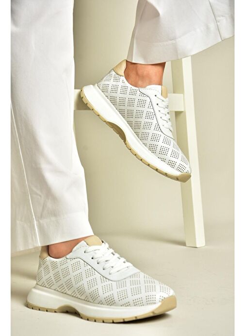 U555025603 Beyaz Hakiki Deri Kadın Spor Ayakkabı Sneakers - Görsel 2
