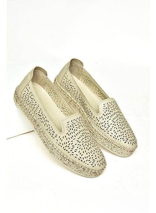 U555200103 Bej Hakiki Deri Kadın Günlük Ayakkabı - Görsel 5