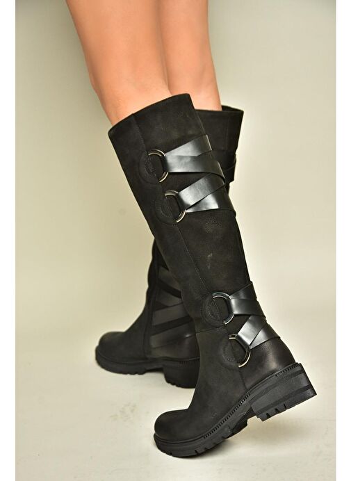 T654047201 Siyah Hakiki Deri Nubuk Kadın Çizme - Görsel 2