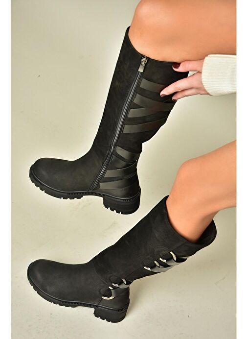 T654047201 Siyah Hakiki Deri Nubuk Kadın Çizme - Görsel 3