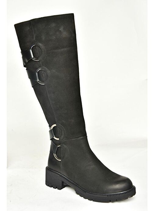 T654047201 Siyah Hakiki Deri Nubuk Kadın Çizme - Görsel 5