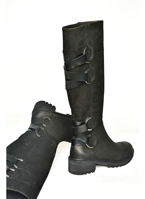 T654047201 Siyah Hakiki Deri Nubuk Kadın Çizme - Görsel 6