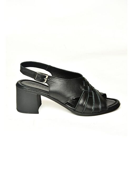 P555453803 Siyah Hakiki Deri Kalın Topuklu Kadın Sandalet - Görsel 3