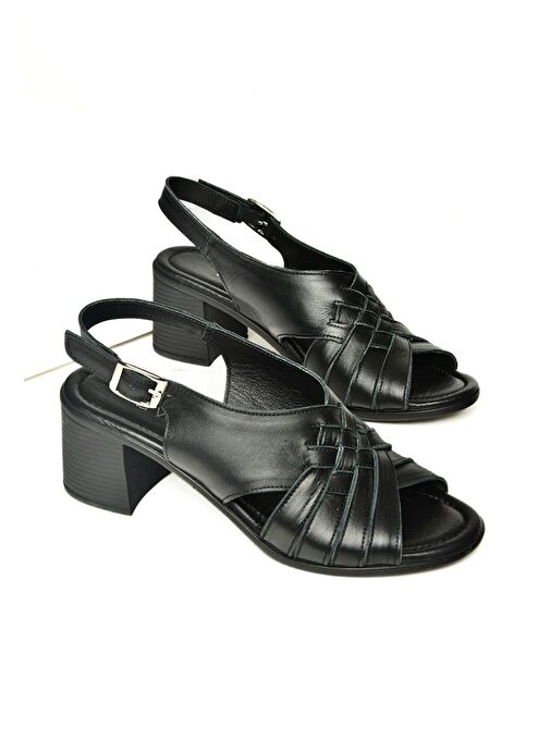 P555453803 Siyah Hakiki Deri Kalın Topuklu Kadın Sandalet - Görsel 4
