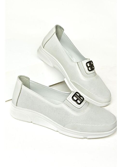 T555081303 Beyaz Hakiki Deri Comfort Ortopedik Taban Kadın Ayakkab - Görsel 5