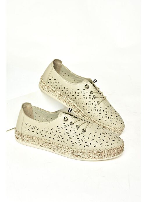 U555100103 Bej Hakiki Deri Günlük Kadın Ayakkabı - Görsel 4