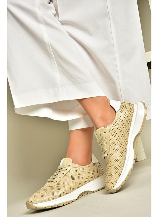 U555025603 Bej Hakiki Deri Kadın Spor Ayakkabı Sneakers - Görsel 2