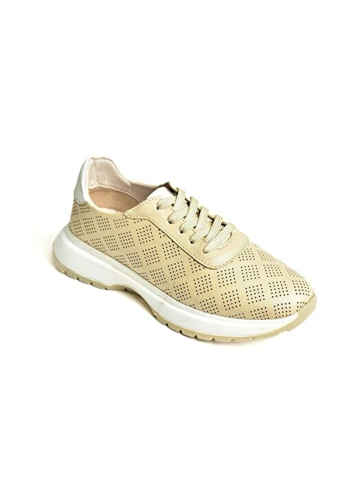 U555025603 Bej Hakiki Deri Kadın Spor Ayakkabı Sneakers - Görsel 3