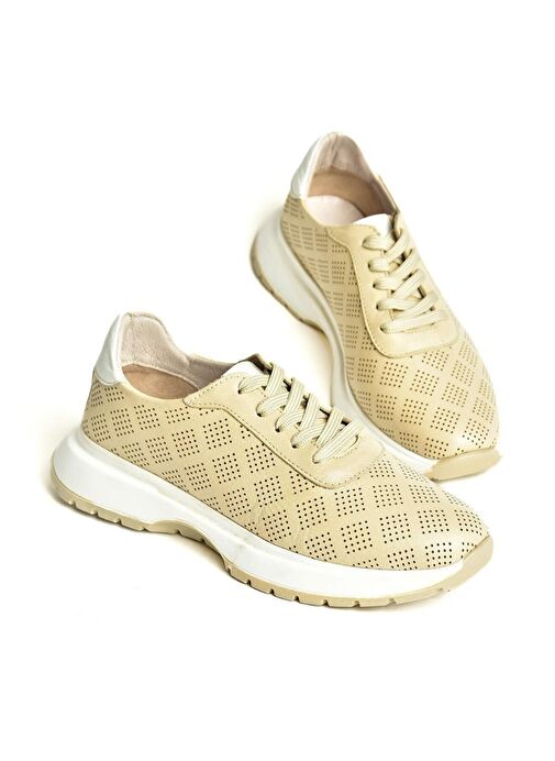U555025603 Bej Hakiki Deri Kadın Spor Ayakkabı Sneakers - Görsel 5