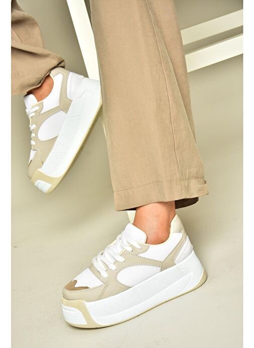 Fox Shoes Bej-Beyaz Kadın Sneaker 13357 - Görsel 2