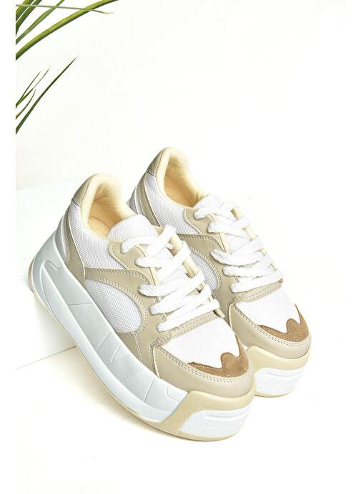 Fox Shoes Bej-Beyaz Kadın Sneaker 13357 - Görsel 3