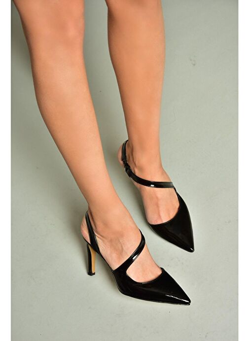 K404910808 Siyah Rugan Sivri Burun Kadın Topuklu Ayakkabı - Görsel 3