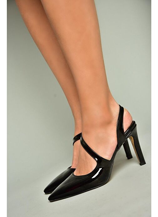 K404910808 Siyah Rugan Sivri Burun Kadın Topuklu Ayakkabı - Görsel 5