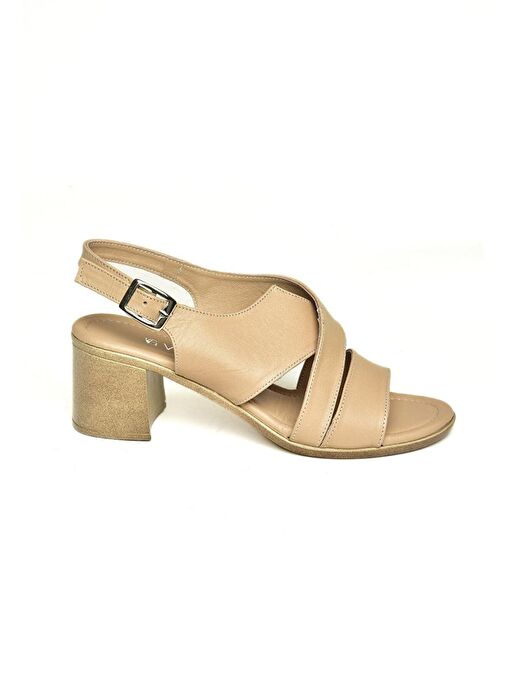 P555451903 Bej Hakiki Deri Kalın Topuklu Kadın Sandalet - Görsel 6