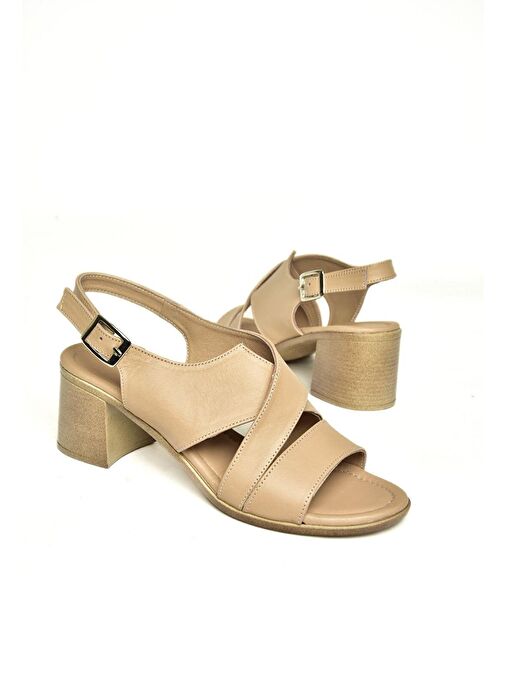P555451903 Bej Hakiki Deri Kalın Topuklu Kadın Sandalet - Görsel 8