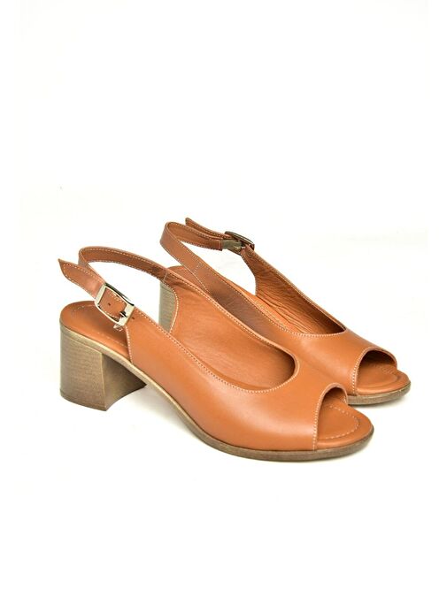 P555454003 Taba Hakiki Deri Kalın Topuklu Kadın Sandalet - Görsel 7