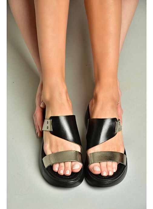 S291059703 Siyah/Platin Hakiki Deri Kalın Tabanlı Kadın Terlik - Görsel 3