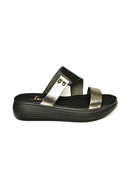 S291059703 Siyah/Platin Hakiki Deri Kalın Tabanlı Kadın Terlik - Görsel 6