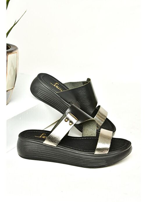 S291059703 Siyah/Platin Hakiki Deri Kalın Tabanlı Kadın Terlik - Görsel 8