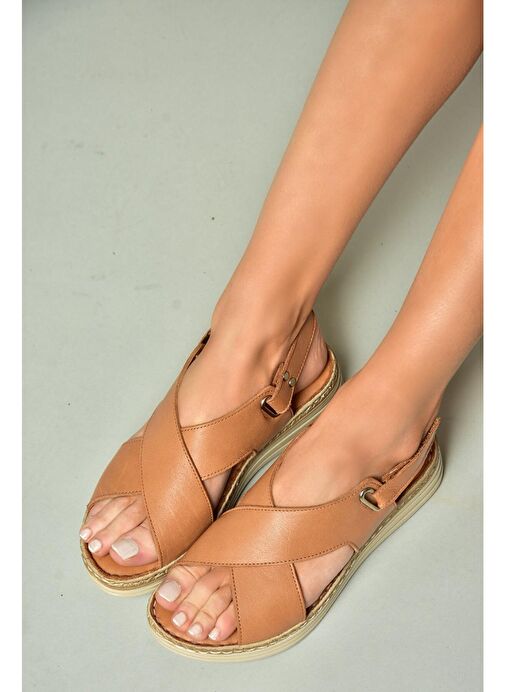 U555240503 Taba Hakiki Deri Kadın Sandalet - Görsel 2