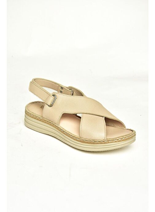 U555240503 Bej Hakiki Deri Kadın Sandalet - Görsel 6