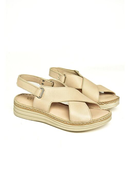 U555240503 Bej Hakiki Deri Kadın Sandalet - Görsel 7