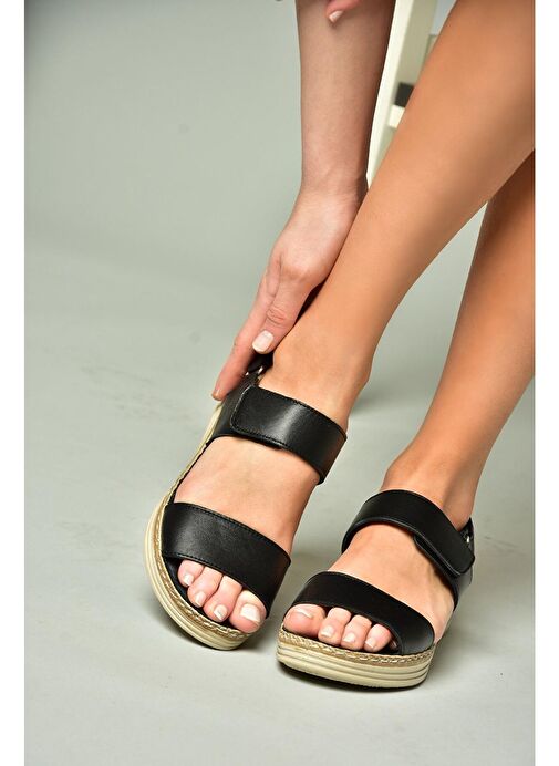 U555240603 Siyah Hakiki Deri Kadın Sandalet - Görsel 4