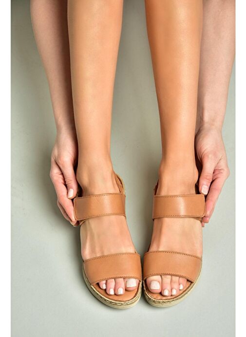 U555240603 Taba Hakiki Deri Kadın Sandalet - Görsel 5